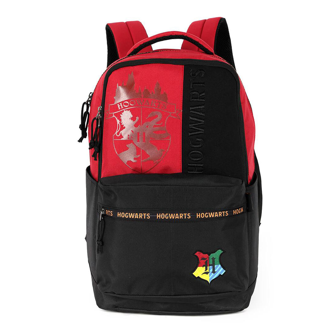 Mochila Luxcel Harry Potter infantil vinho com estampa do brasão de Hogwarts vista frontal